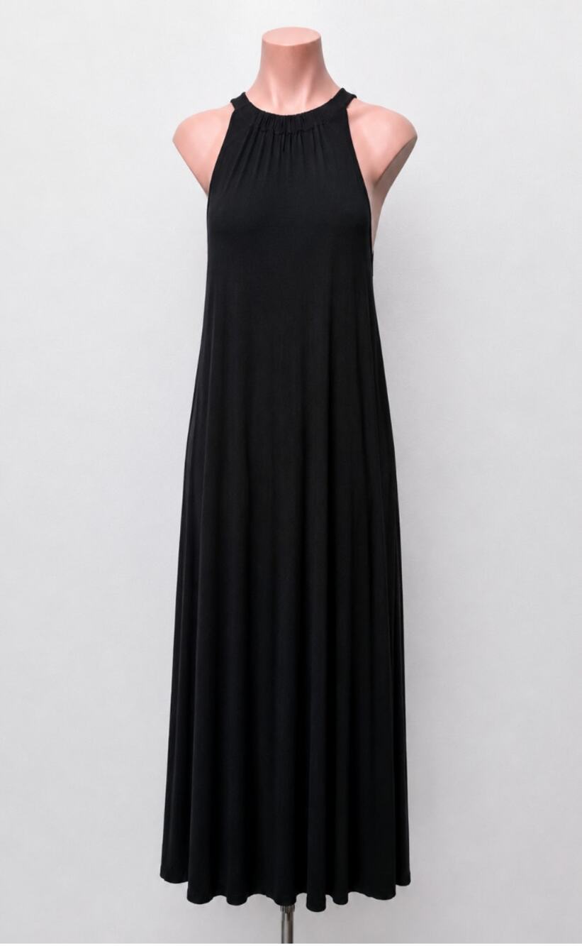 Black High Neck Plunging Sides Sleeveless Gathered Flowy Back Maxi Dress M